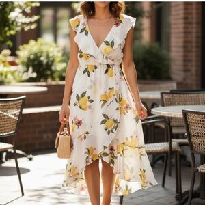 Socialite White Lemon-Print High-Low Wrap Dress